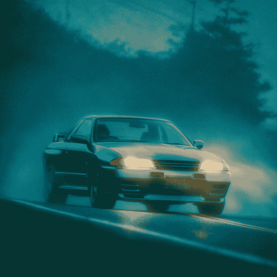 R32 Skyline GT-R driving at dusk on Japanese highway, atmospheric motorsport scene.