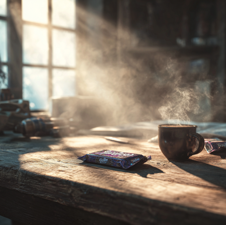unwrapped chocolate candy bar beside a steaming cup of coffee on rustic wood table; warm golden light; inviting and nostalgic scene