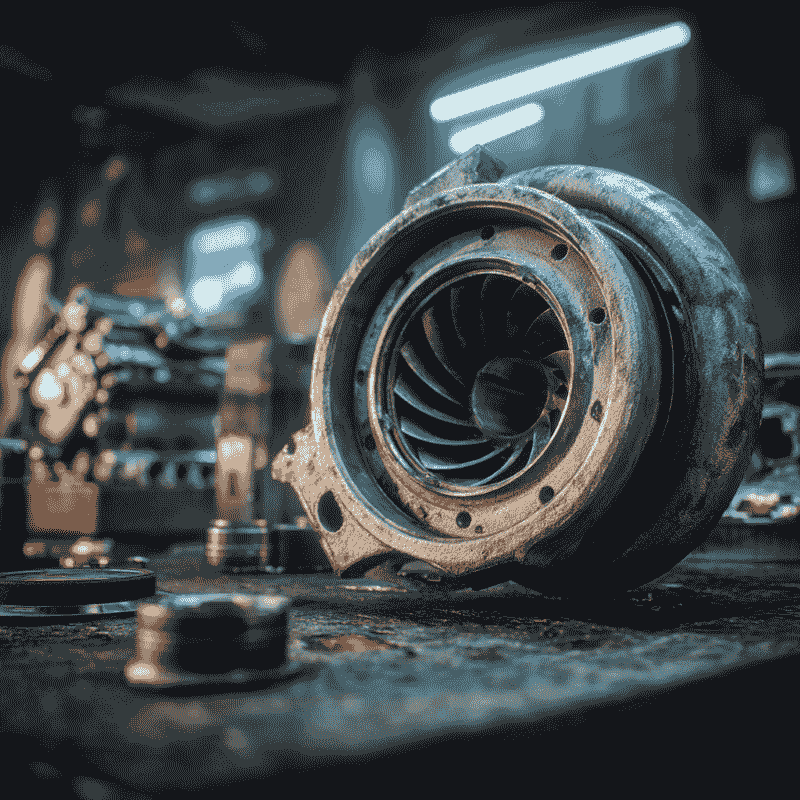 Broken ceramic turbo turbine on mechanic’s workbench, Nissan turbo failure history.
