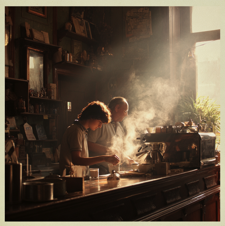 young barista learning to make coffee in a cozy café, symbolizing mentorship, redemption, and second chances