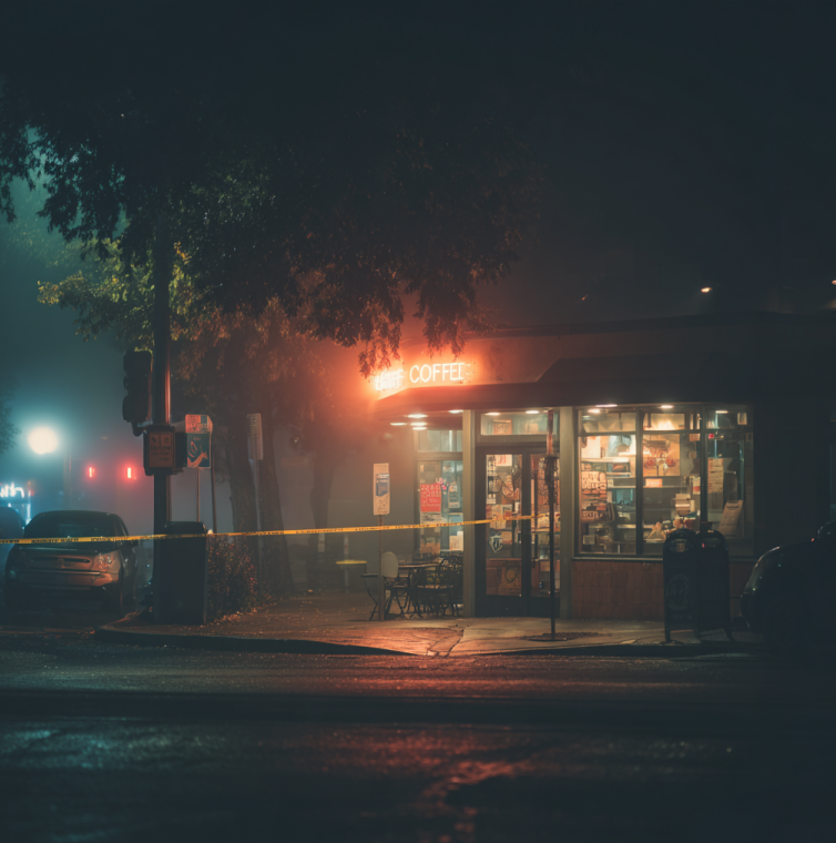 Fort Worth coffee shop at night with police tape across the entrance, symbolizing the unsolved Coffee Shop Murder case
