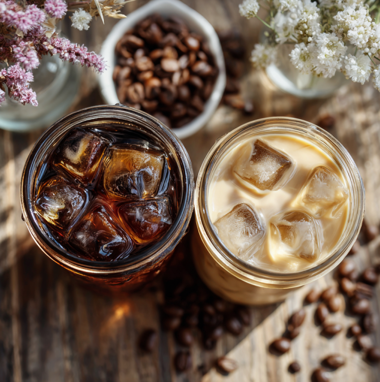 two glasses of cold coffee on ice: one dark cold brew, one lighter iced coffee with cream; surrounded by coffee beans and sunlight reflections