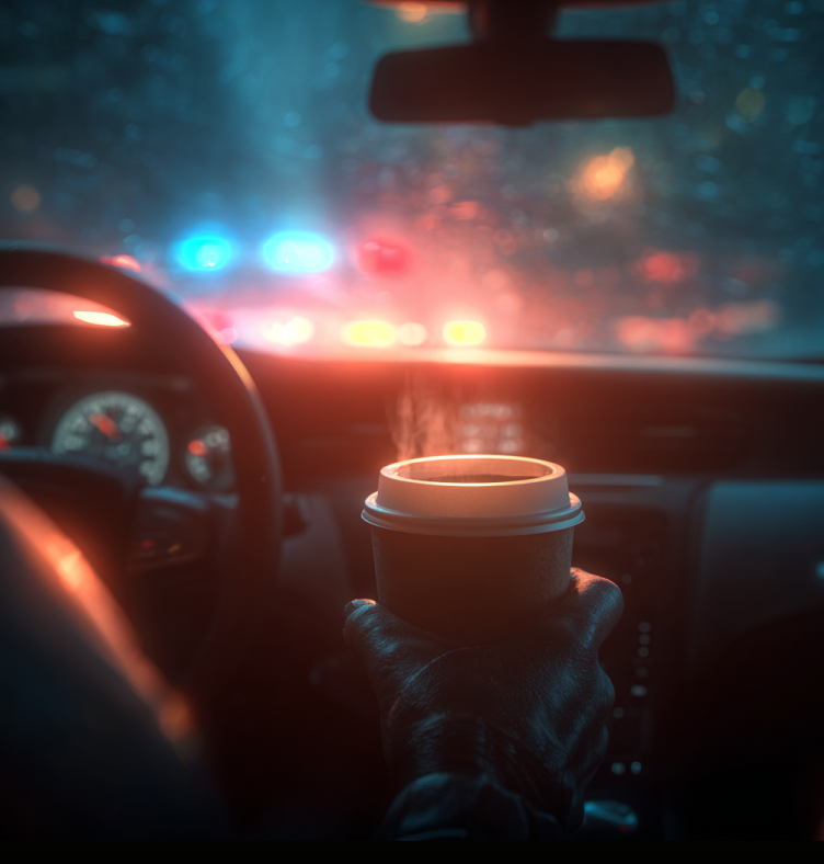 “driver holding a travel mug of coffee while pulled over by police with flashing lights in the background, representing distracted driving and morning routines