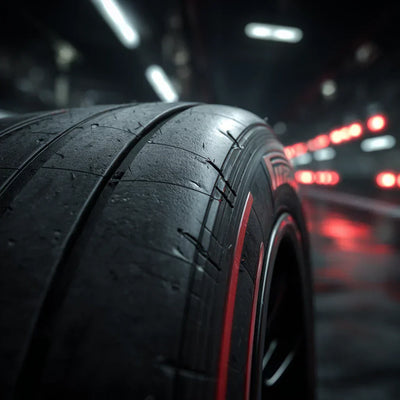 Close up of a 2026 Formula 1 tire during garage inspection.