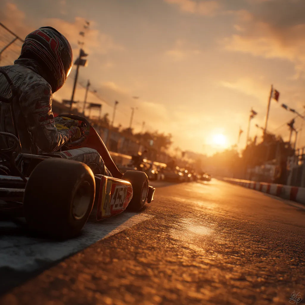 Cinematic sunrise over a karting track, a lone beginner racer tightening their gloves beside a rental kart, long shadows, detailed asphalt texture, warm haze, hyper-realistic motorsport mood.