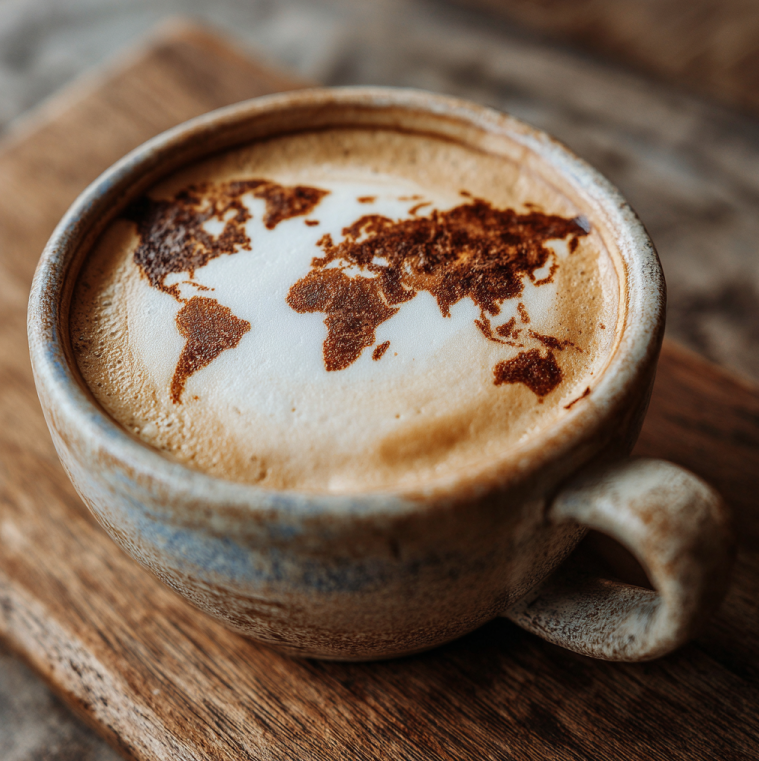 freshly brewed coffee with world map latte art symbolizing global coffee culture and connection