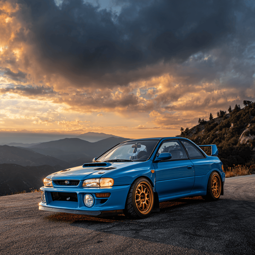 Subaru 22B widebody rally-bred car parked in scenic mountain setting