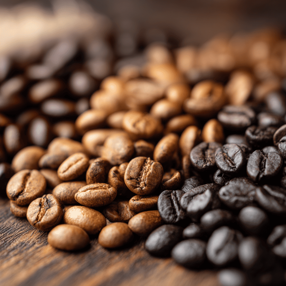 Medium-roasted coffee beans on a cupping table showing balance between light and dark roast characteristics.
