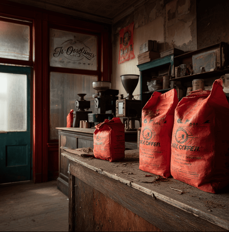 Old A&P grocery store with Eight O’Clock Coffee grinder near the front entrance