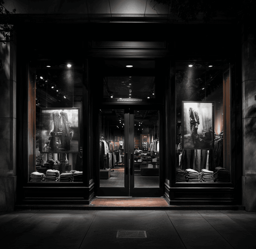 Moody storefront representing Abercrombie & Fitch during its corporate culture scandal era.