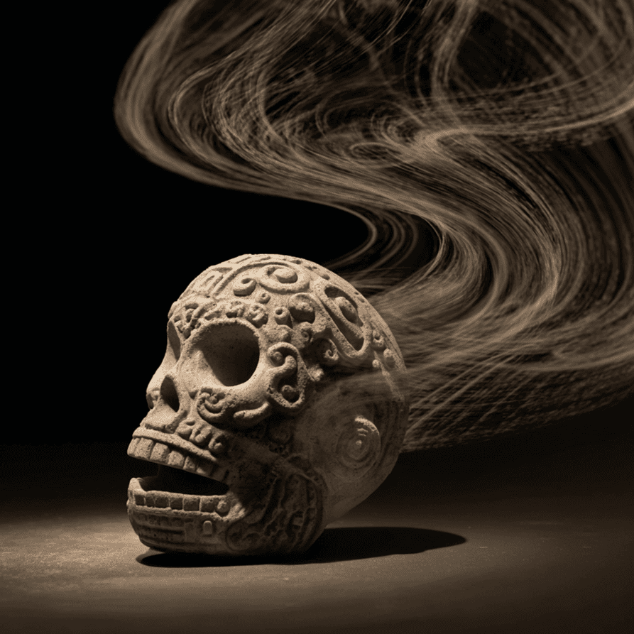 Close up of a skull shaped Aztec death whistle with stylized airflow patterns showing how its design creates a human like scream.
