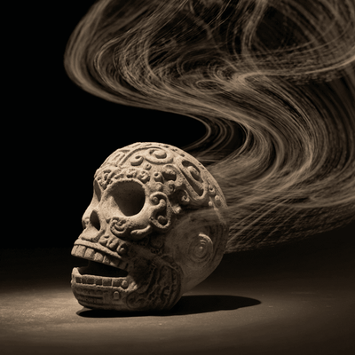 Close up of a skull shaped Aztec death whistle with stylized airflow patterns showing how its design creates a human like scream.