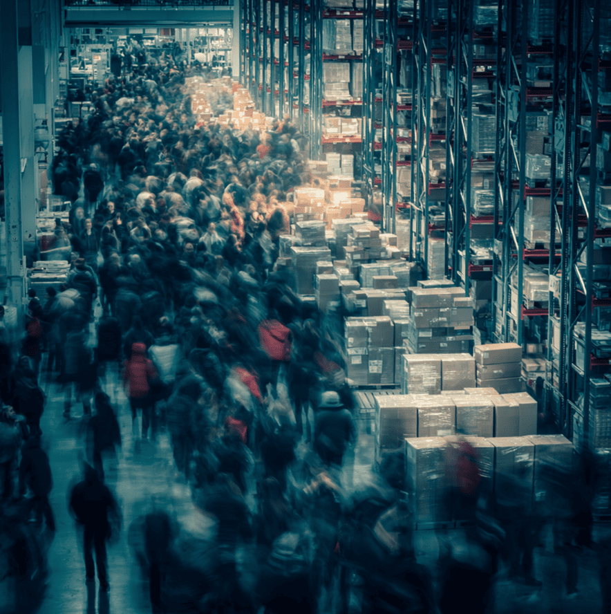 Chaotic Black Friday mall crowds contrasted with Cyber Monday warehouse workers.