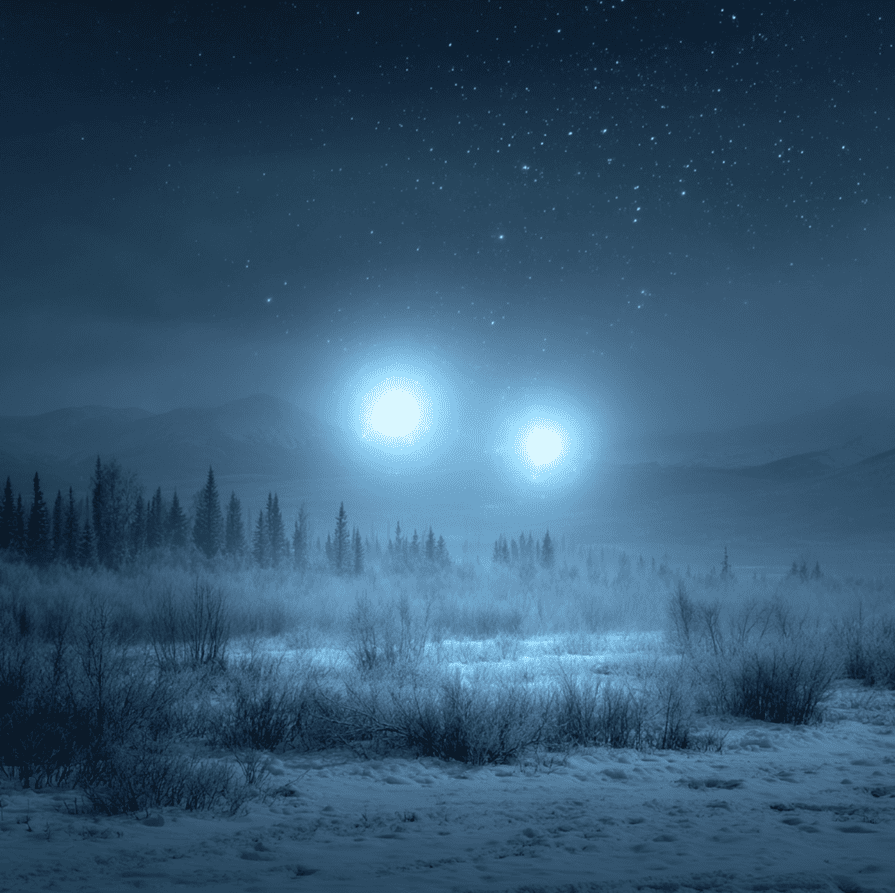 Blue-white lights floating above an Alaskan forest, depicting the 1971 Snedden Lights Incident.