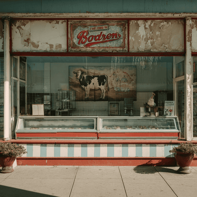 Historic Borden’s Ice Cream Shop with Elsie logo, representing the vanished American dessert chain.