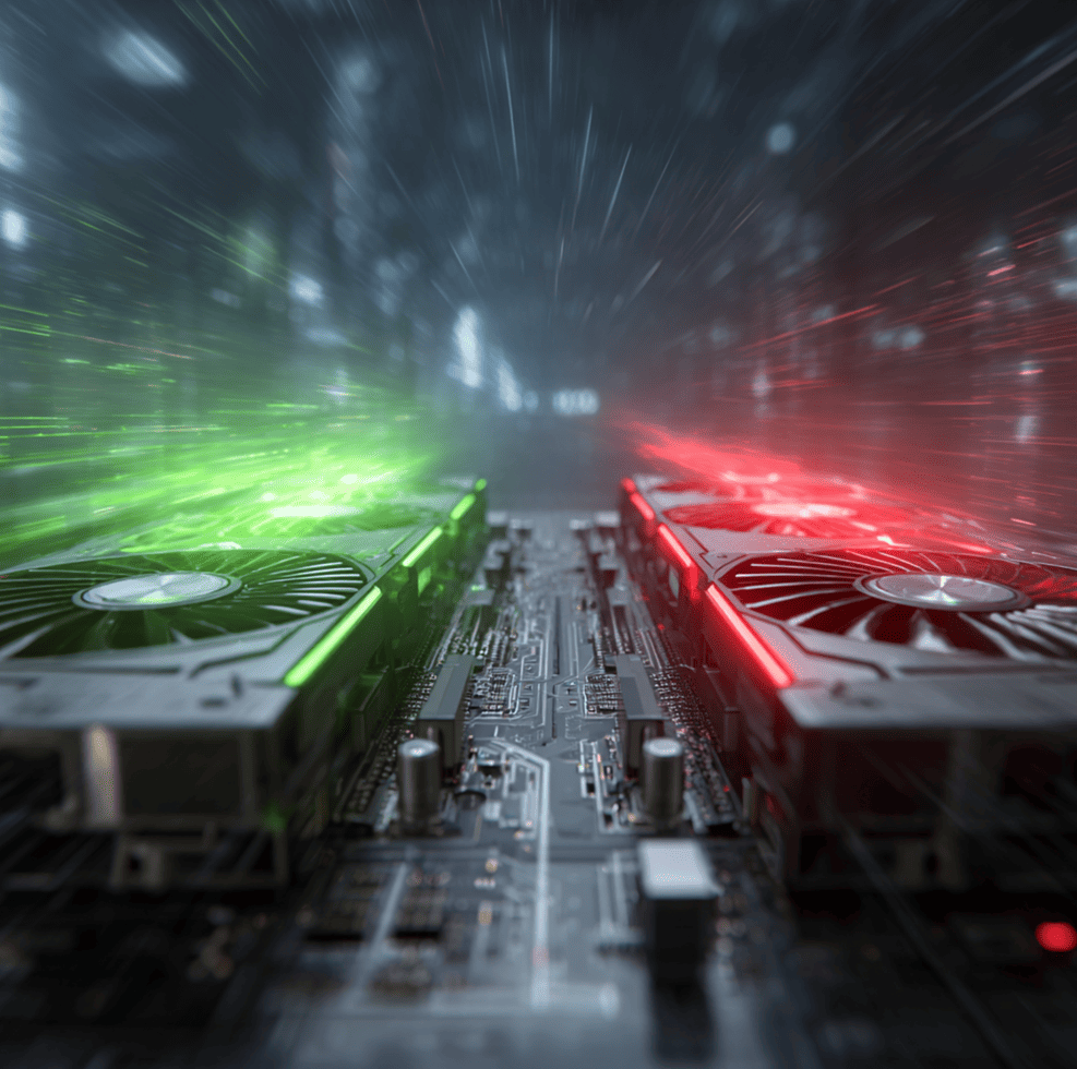 Nvidia and AMD GPUs positioned opposite each other in a data center setting, symbolizing the escalating GPU war driving the AI boom.