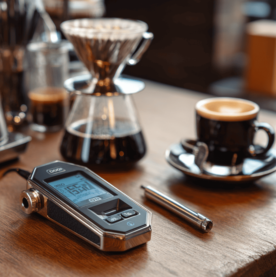 Refractometer measuring coffee dissolved solids, illustrating the scientific definition of coffee strength.