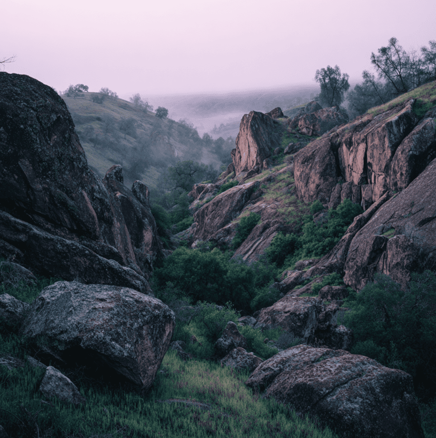 Fog and strange lights drifting through a rocky foothill canyon near Fresno, California