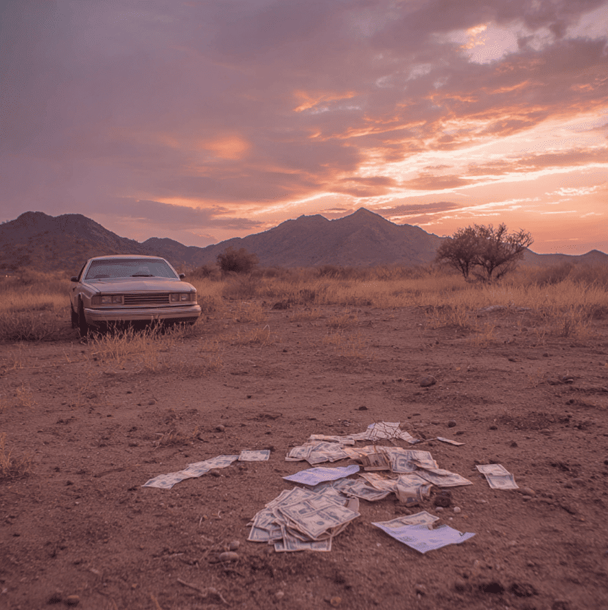 Desert crime scene imagery with coded notes and a $2 bill, representing the mysterious 1977 death of Arizona businessman Chuck Morgan.