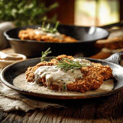 Texas chicken fried steak topped with cream gravy on a rustic table, representing its German immigrant and frontier cooking origins.