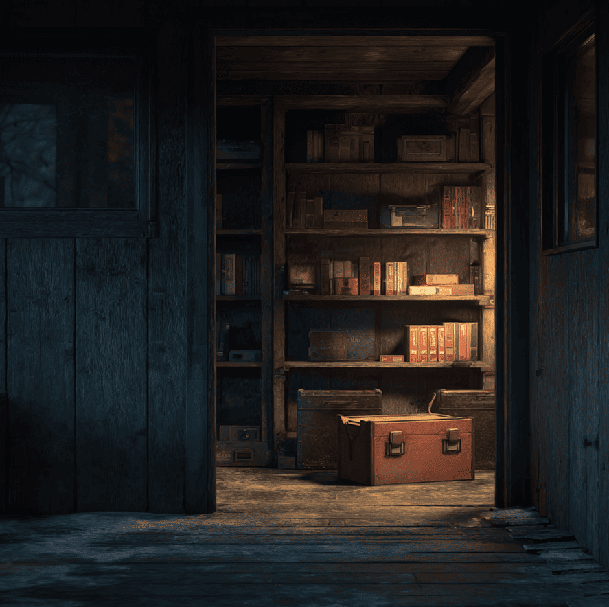 Empty evidence shelf inside a rural sheriff’s office, symbolizing the disappearance of Cabin 29’s 1950 Keddie Resort crime file.