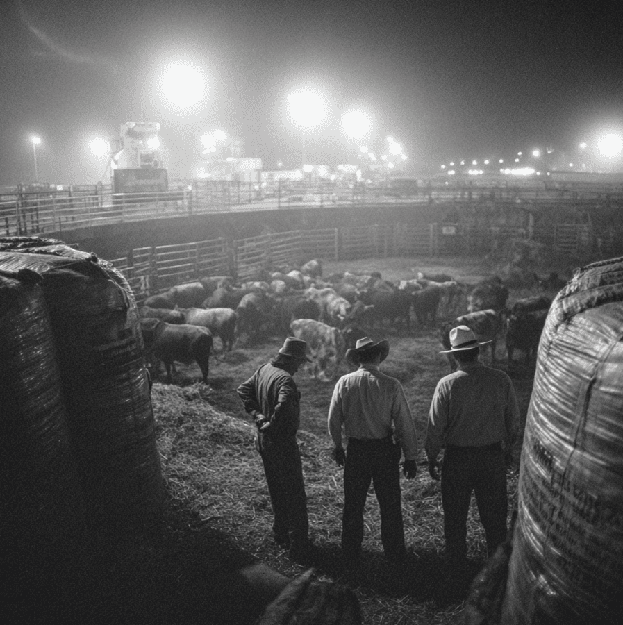 Inspectors examining cattle at a Texas feedlot during the 1980 Amarillo contamination case.
