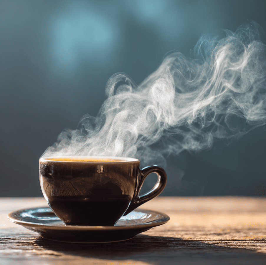 A steaming mug of coffee losing heat rapidly, illustrating evaporation and convection behind the coffee cooling paradox.