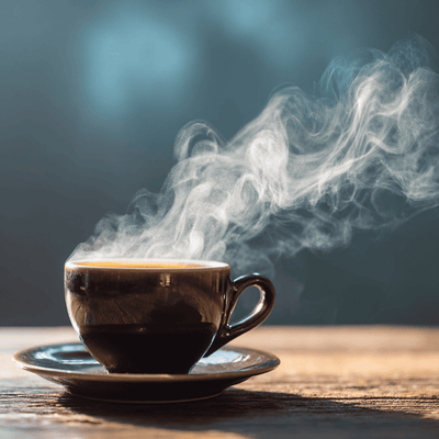 A steaming mug of coffee losing heat rapidly, illustrating evaporation and convection behind the coffee cooling paradox.