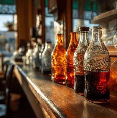 Vintage Waco soda fountain with early Dr Pepper bottles representing the drink’s nineteenth century pharmacy origins.