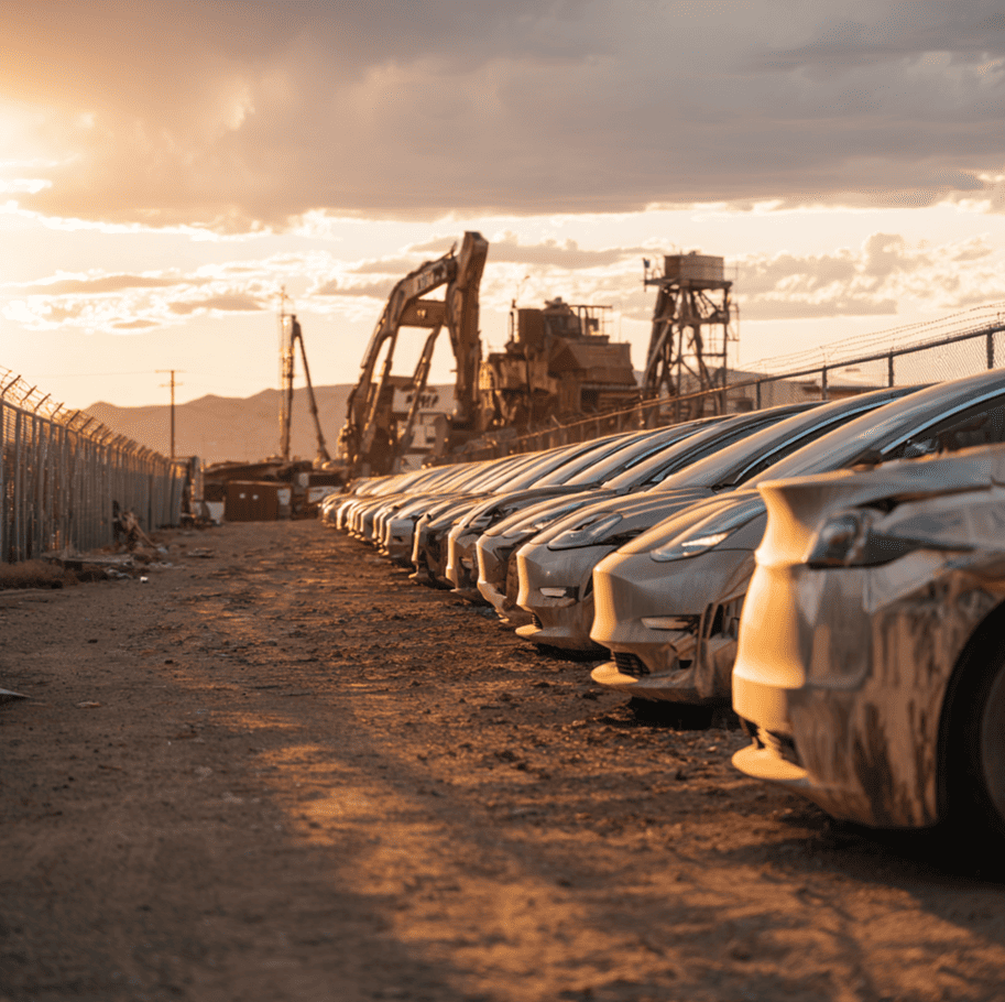 Crushed and lined-up GM EV1 electric cars awaiting destruction after the controversial recall.