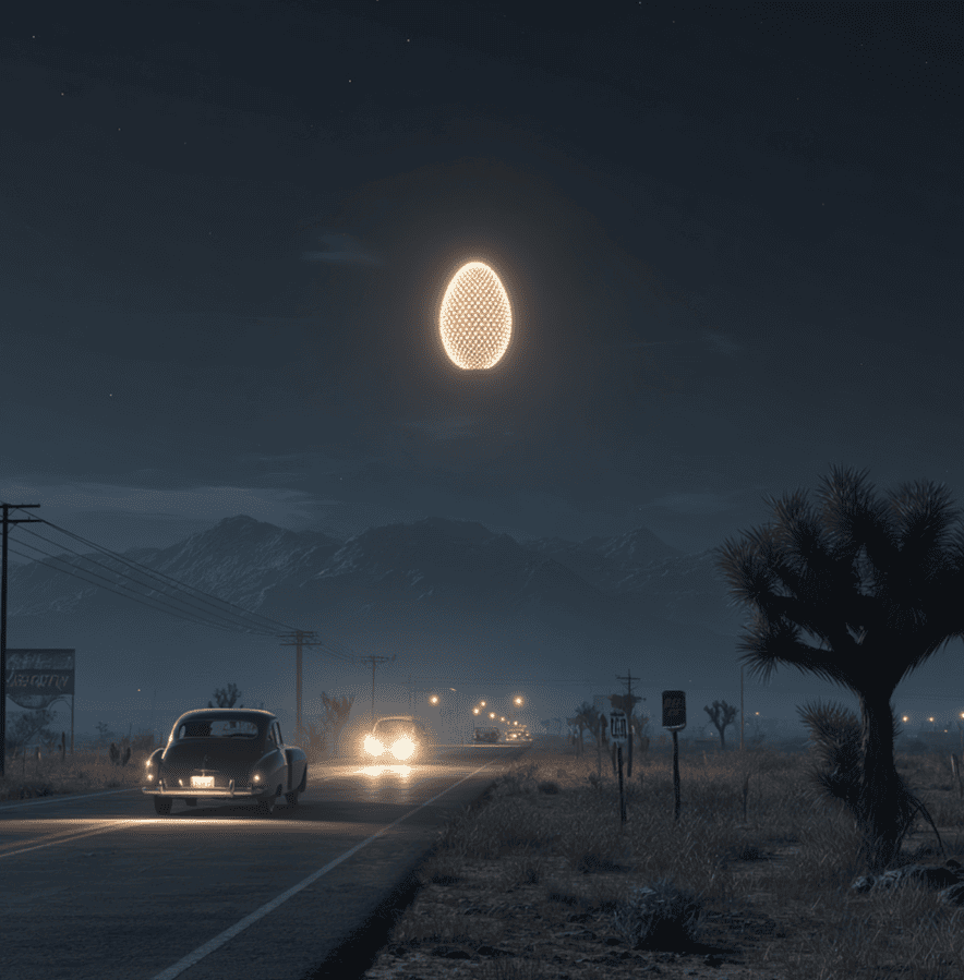 Glowing egg-shaped UFO near a stalled vehicle on a dark Texas road, illustrating the Levelland UFO case.