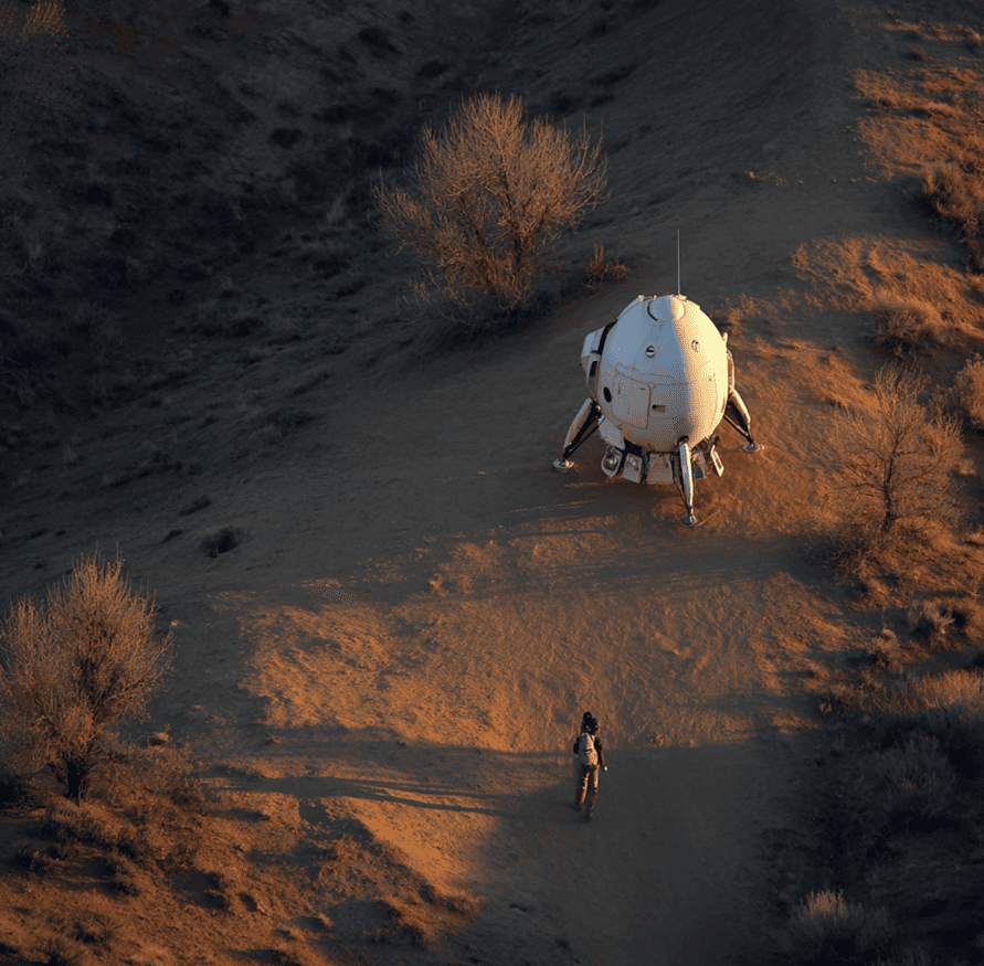 Egg-shaped UFO on landing struts in a New Mexico desert arroyo, representing Officer Lonnie Zamora’s 1964 Socorro encounter.