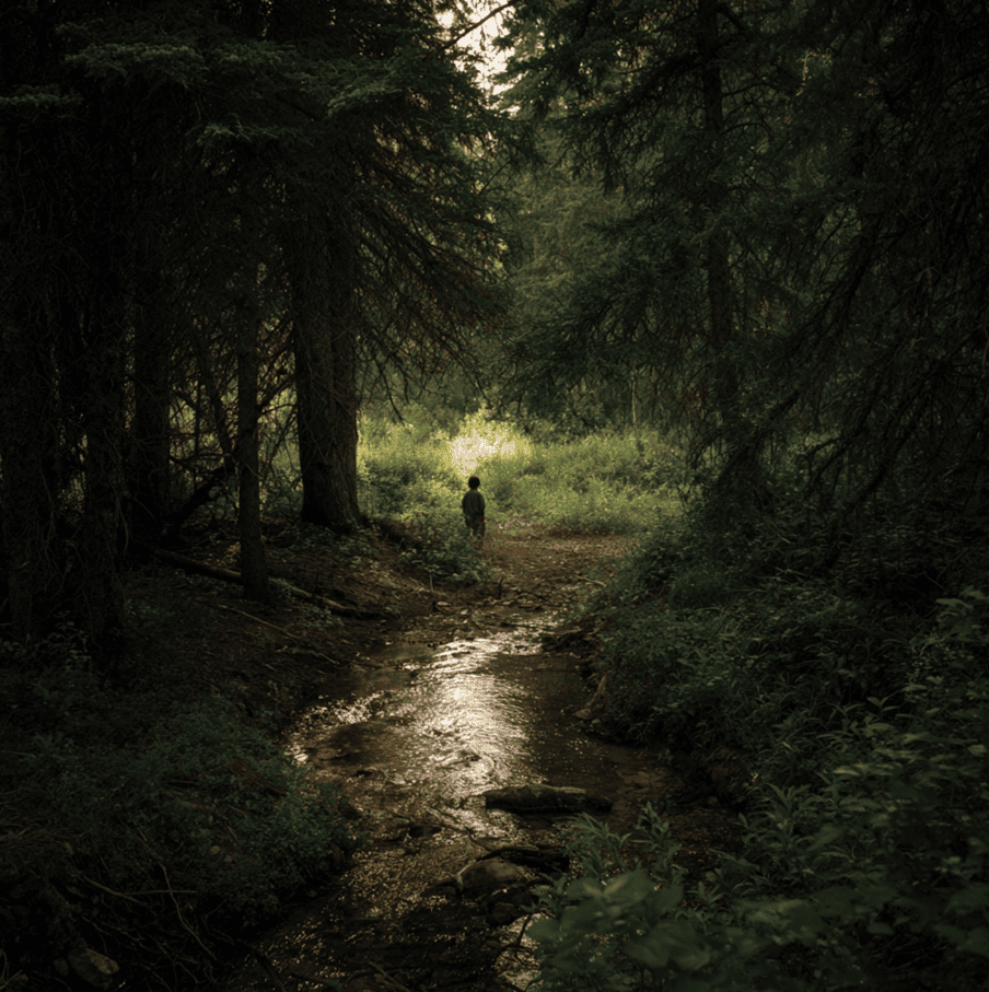 Montana forest creek with a fading child’s silhouette, representing the disappearance of Nyleen Kay Marshall.