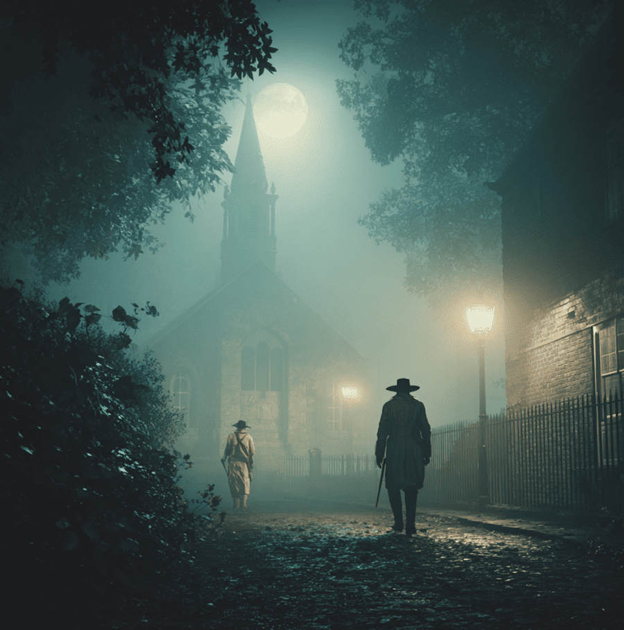 Watchman aiming a musket at a figure in white clothing on a foggy 1804 London street, illustrating the Hammersmith Ghost murder case.