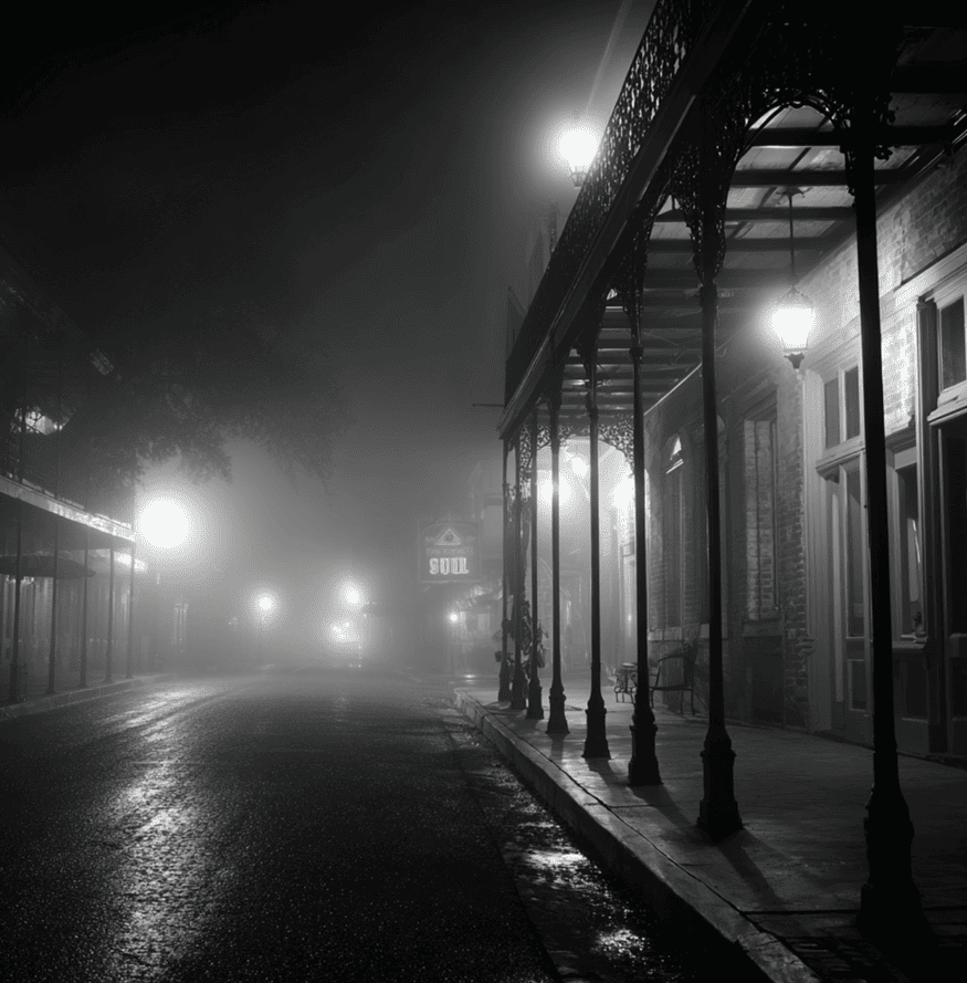 Foggy street in historic Jefferson, Texas with a ghostly silhouette near the Excelsior House Hotel.