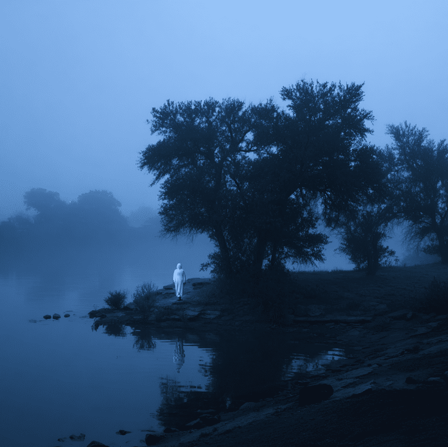 Nighttime view of Lake Worth with a pale, goat-man shaped figure standing near the trees, referencing the 1969 Lake Worth Monster sightings.