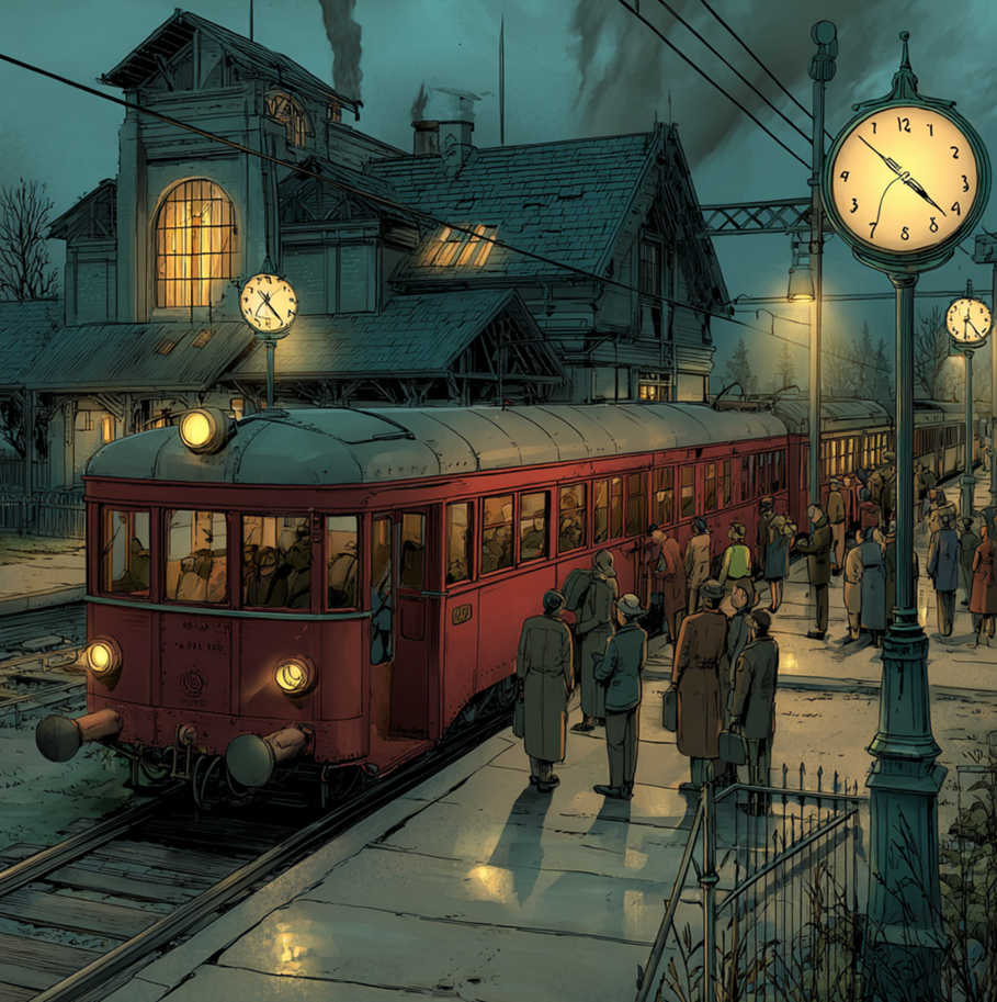 1930s passenger train arriving at a station one day late, with confused passengers noticing the date on the station clock.