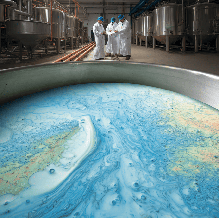 Blue-tinted milk inside a dairy tank with scientists testing copper pipes and microbial contamination, illustrating the unresolved dairy mystery