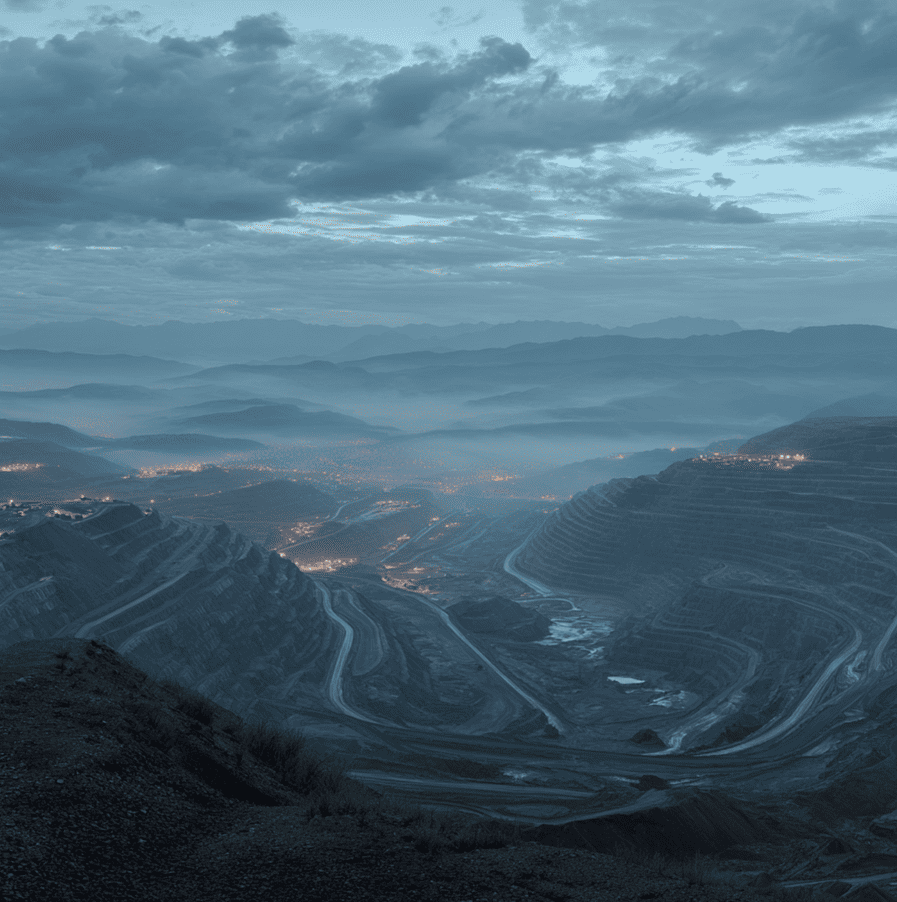 Terraced Kennecott Copper Mine with atmospheric haze representing the low-frequency hum reported by locals.