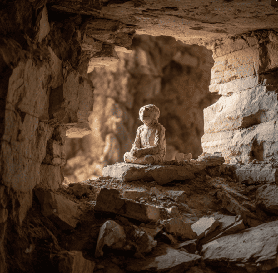 Small seated mummy in a cave chamber, representing the mysterious San Pedro Mountains mummy discovered in Wyoming in the 1930s.