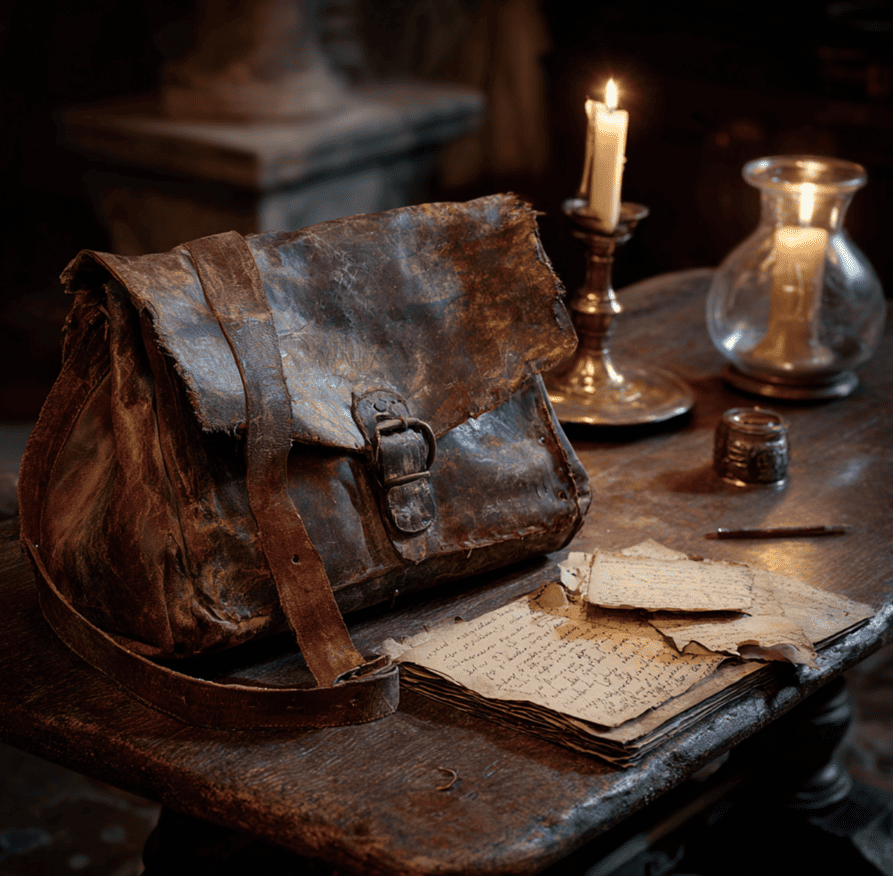 An old courier’s satchel with missing manuscript pages, representing the stolen Beethoven score of 1812