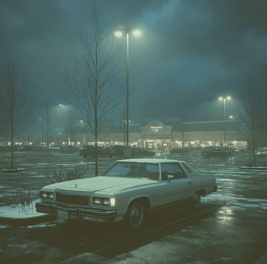 Oldsmobile parked in a 1970s mall lot, representing the disappearance of the Fort Worth Missing Trio.