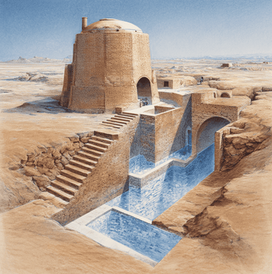 Ancient desert yakhchal ice house with domed structure and deep storage pit, illustrating traditional cooling without electricity.