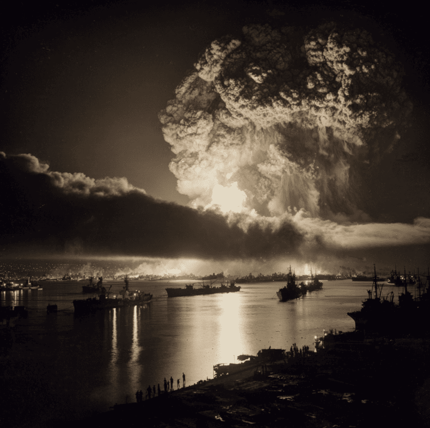 Massive explosion over Port Chicago’s harbor, depicting the 1944 naval disaster