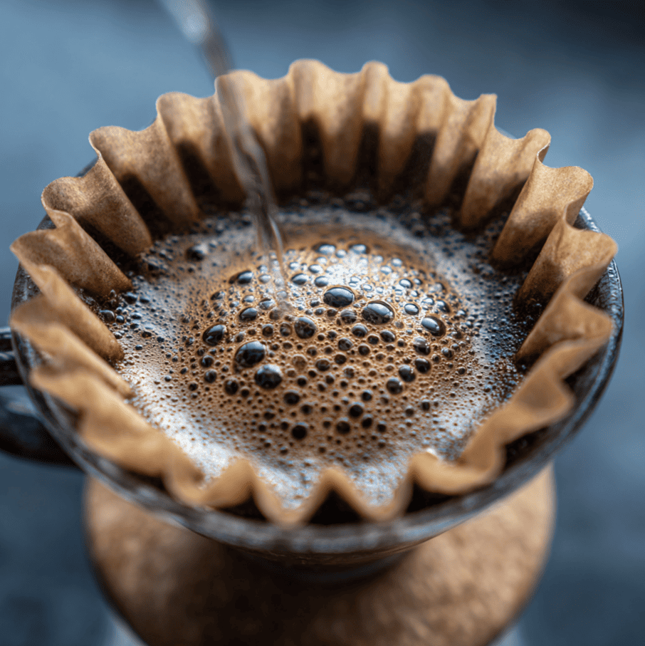 Pale early-stage coffee extraction dripping through a filter, illustrating the chemical imbalance of under-extracted coffee.