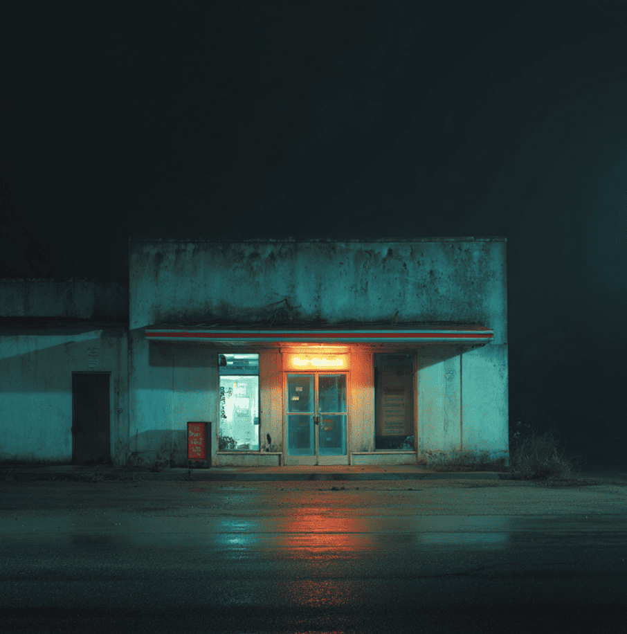 Abandoned RadioShack storefront with dim lighting and empty shelves, symbolizing the downfall of the tech pioneer.