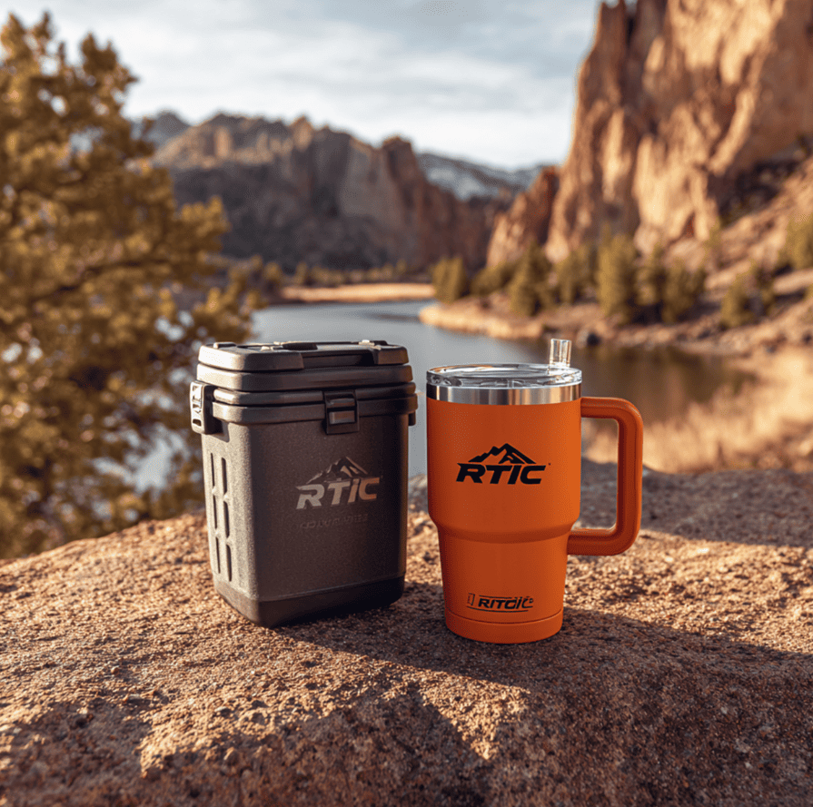 RTIC cooler and tumbler in a Texas outdoor backdrop, symbolizing the brand’s rise as an affordable rival to YETI.
