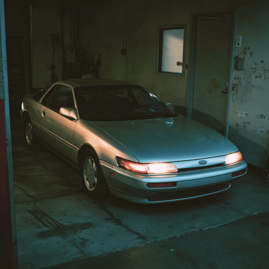 Early Subaru SVX prototype with factory chalk markings and mismatched components, photographed in a dim garage, symbolizing its survival after a supposed factory fire.