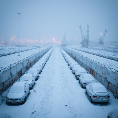 Rows of nearly new Saab cars abandoned in a snowy Swedish storage lot after the company’s bankruptcy