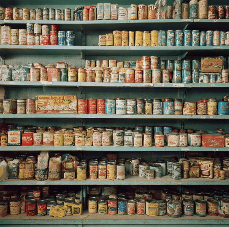 Vintage supermarket aisle featuring old packaging from discontinued American food brands, symbolizing their rise and disappearance.